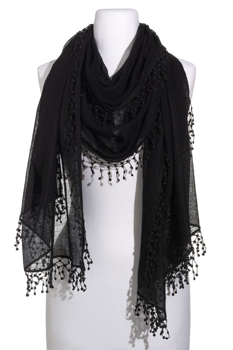 'Pompom' Cashmere Wrap, Main, color, BLACK