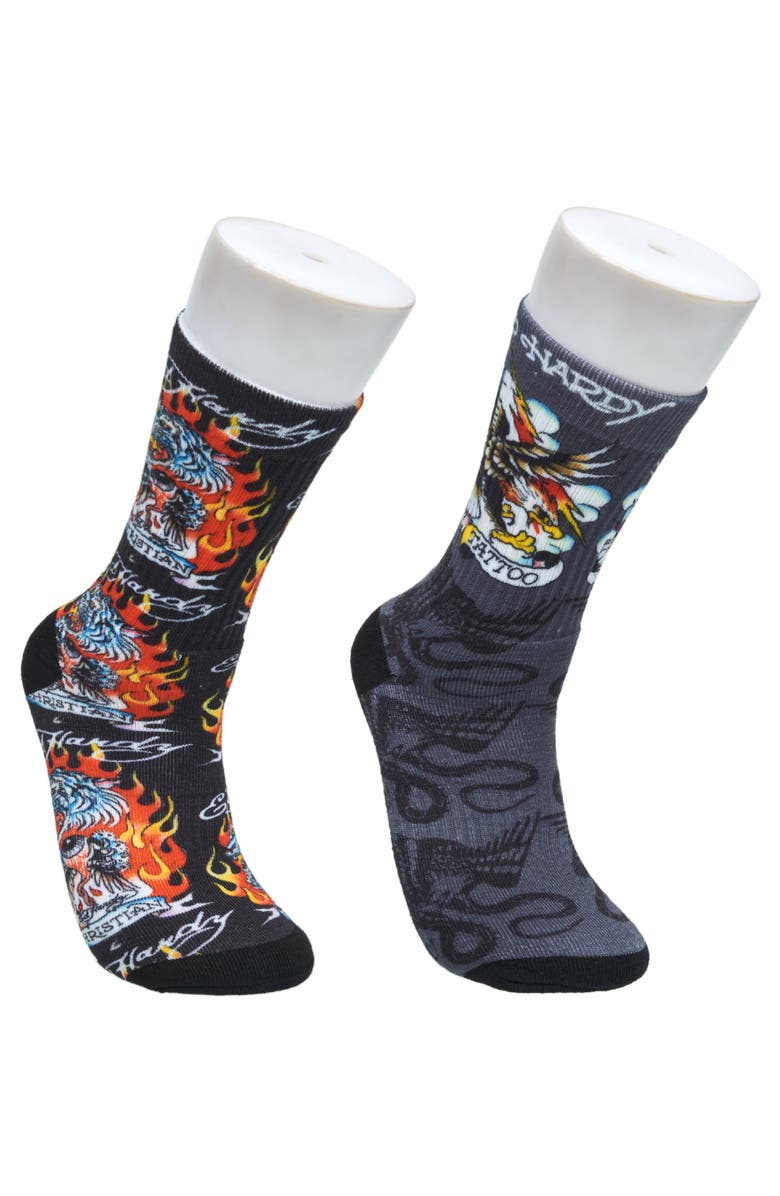 Ed Hardy Flaming Eagle 360 Print Full Cushion Crew Sock 2-Pack, Main, color, Black