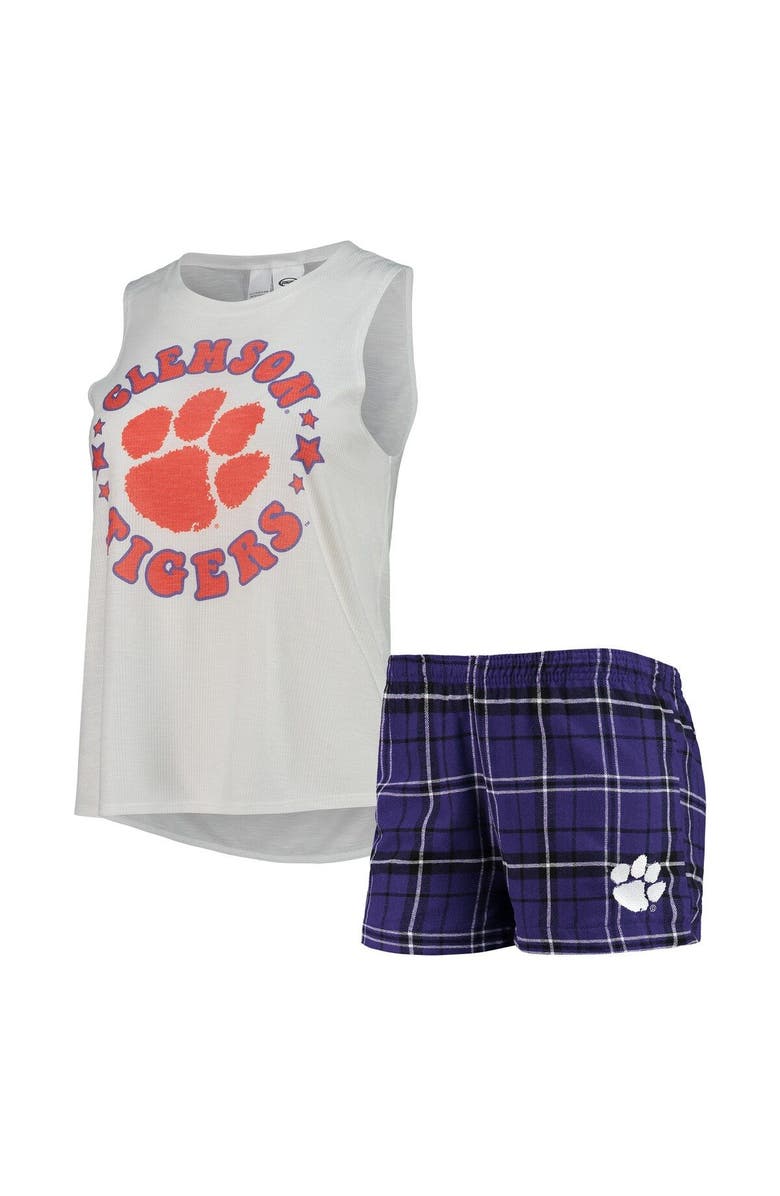 CONCEPTS SPORT Women's Concepts Sport Purple/White Clemson Tigers Ultimate Flannel Tank Top & Shorts Sleep Set, Main, color,