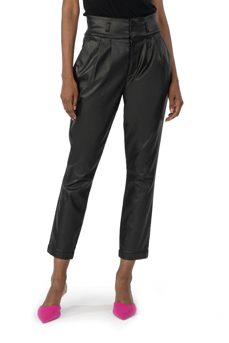 Lessie Coated Pleated High Waist Ankle Tapered Pants, Main, color, BLACK