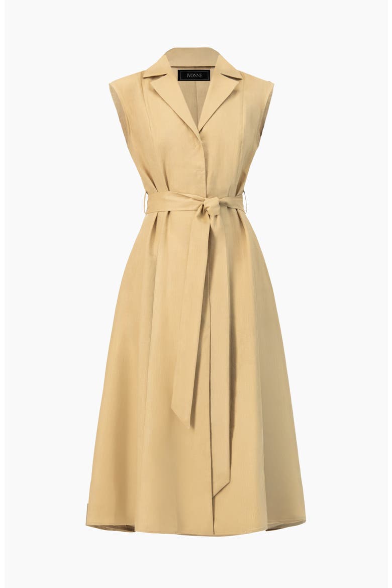 Long Linen Dress with Waist Tie, Alternate, color, Beige
