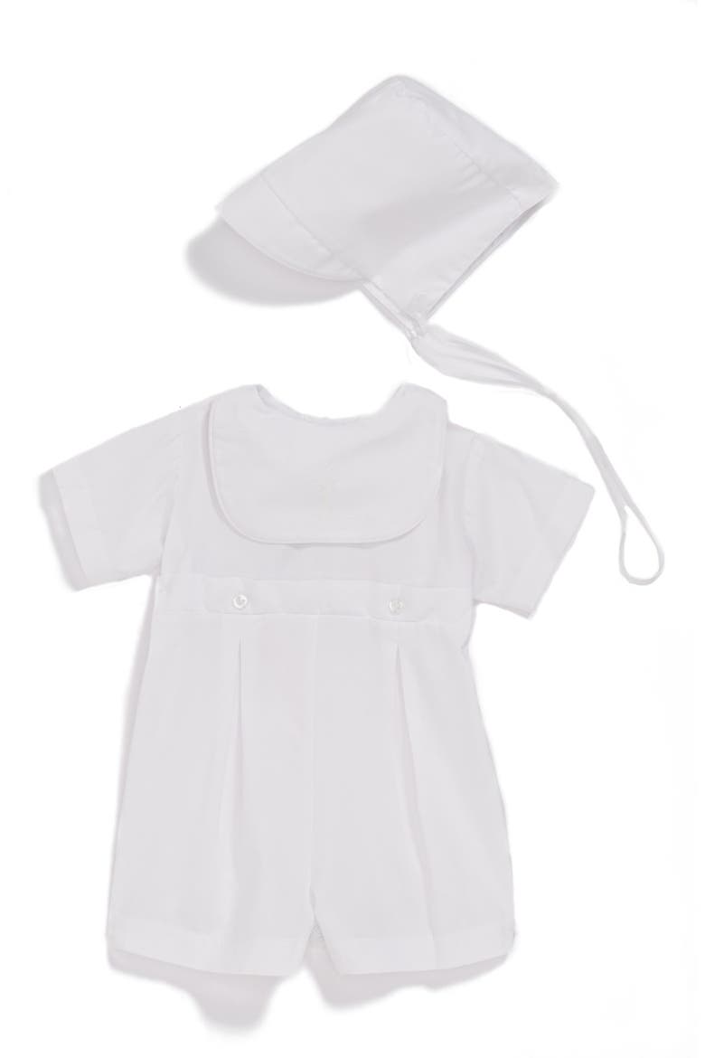 Bib Front Christening Romper and Bonnet Set, Main, color, WHITE