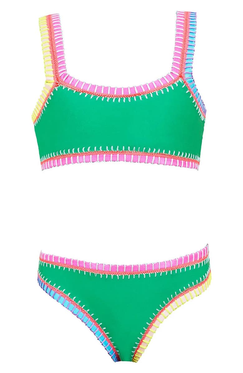 PQ SWIM Kids' Rainbow Embroidered Two-Piece Swimsuit, Main, color, Ireland Green