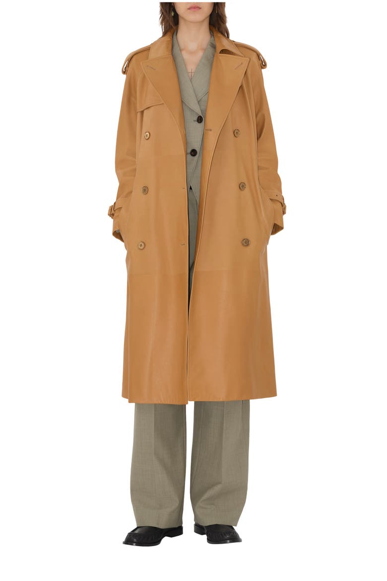 Long Leather Castleford Trench Coat, Main, color, Sepia brown