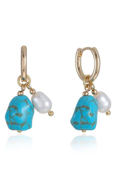 Reconstituted Turquoise & Imitation Pearl Huggie Hoop Earrings