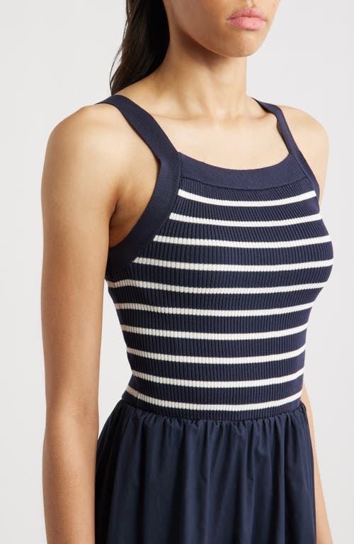 Moon River Stripe Bodice Mixed Media Midi Dress In Navy