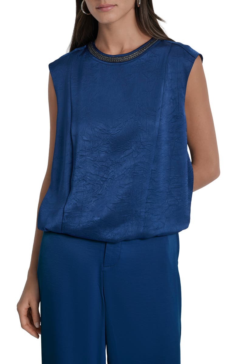 DKNY Chain Sleeveless Crinkle Satin Top, Main, color, Cadet Blue
