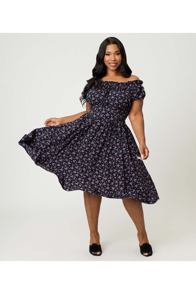 Plus Size 1950s Off The Shoulder Ruffle Swing Dress, Alternate, color, Black w/ Purple Floral Print
