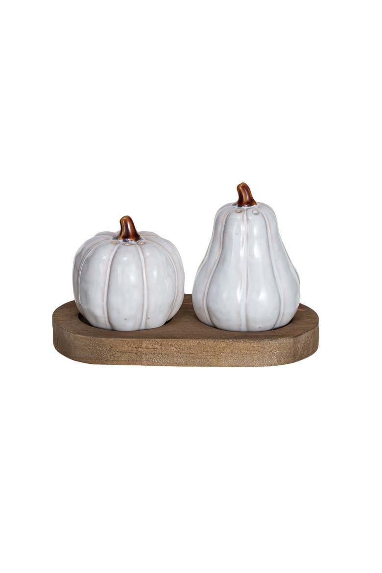 Stoneware Pumpkin Shaped Salt and Pepper Shakers on a Wood Tray in Reactive Glaze, Main, color, White; Natural