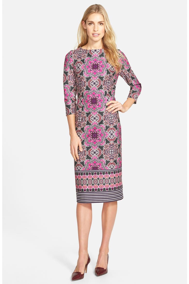 Print Ponte Midi Sheath Dress, Alternate, color, BLACK/ PINK