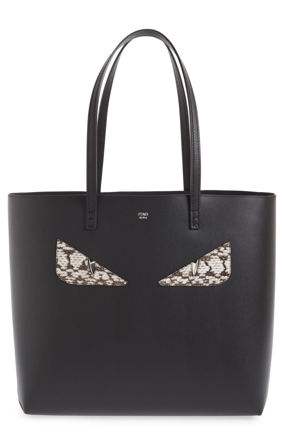 Fendi 'Roll - Monster' Genuine Snakeskin Trim Leather Tote, Main, color, 