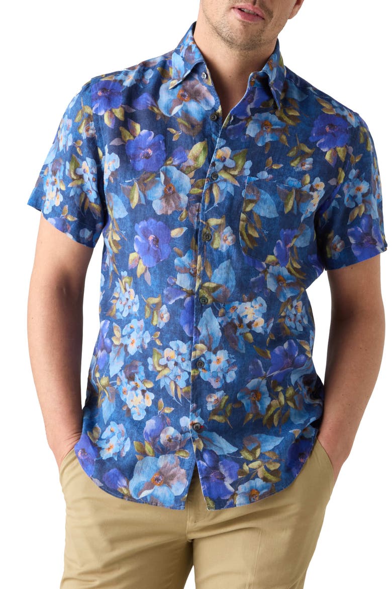 Morgan Printed Floral Linen Short Sleeve Shirt, Main, color, Navy