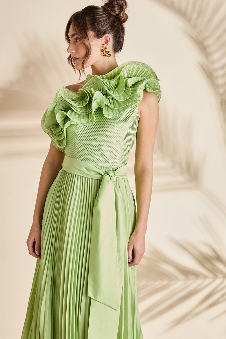 One Shoulder Pleated Skirt Maxi Dress, Alternate, color, Green
