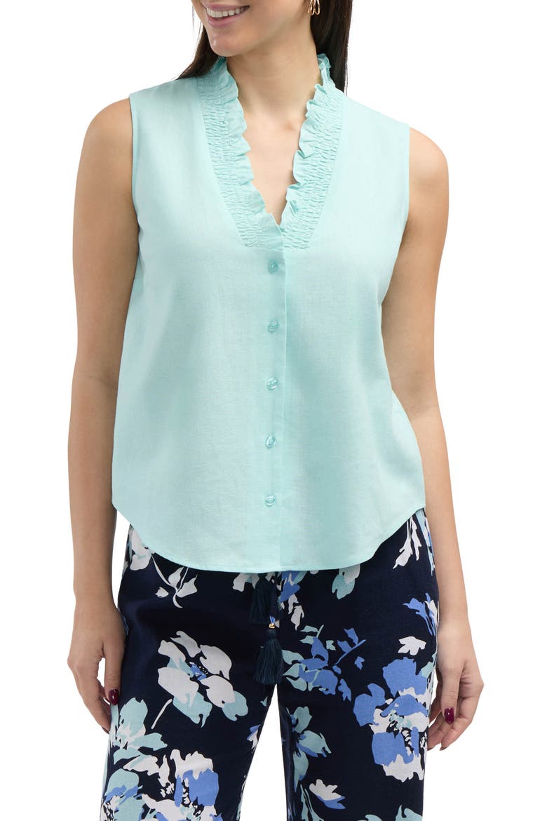 Ruffle Sleeveless Button-Up Shirt, Main, color, AQUA