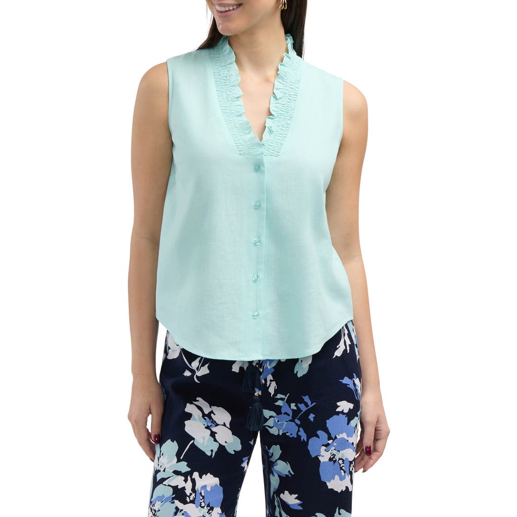Ellen Tracy Ruffle Sleeveless Button-up Shirt In Aqua