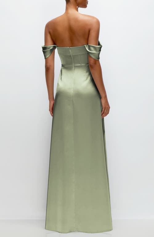 Shop After Six Off The Shoulder Satin Charmeuse Gown With Removable Sleeves In Sage