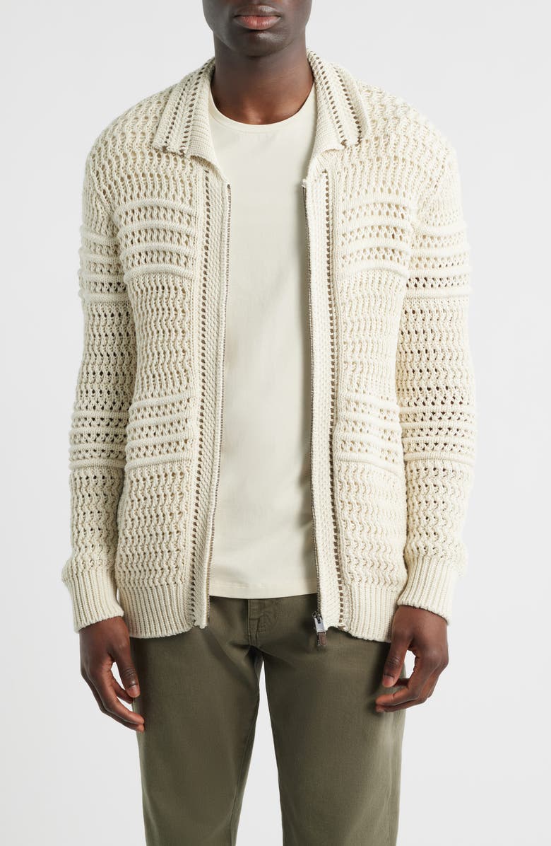 Canali Zip Front Crochet Knit Sweater, Main, color, Beige