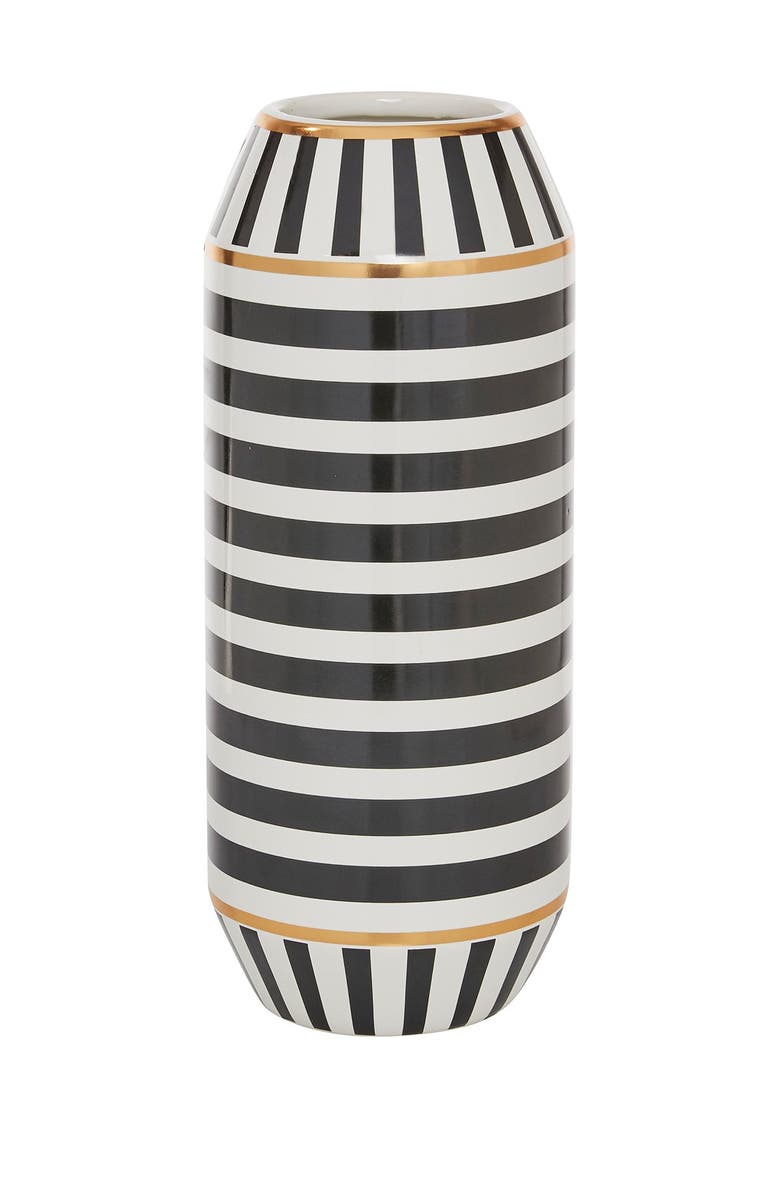GINGER BIRCH STUDIO Black Ceramic Striped Vase with Goldtone Accents, Main, color, 