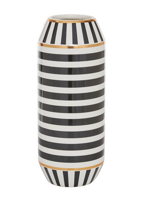 Black Ceramic Striped Vase with Goldtone Accents