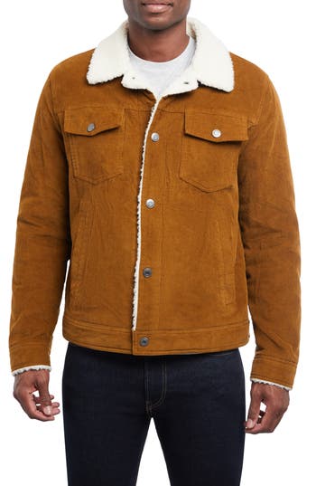 Lucky Brand Faux Shearling Lined Corduroy Trucker Jacket In Brown
