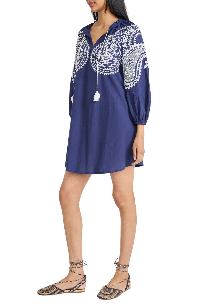 The Good Journey Embroidered Long Sleeve Cotton Shift Dress, Alternate, color, Oceana