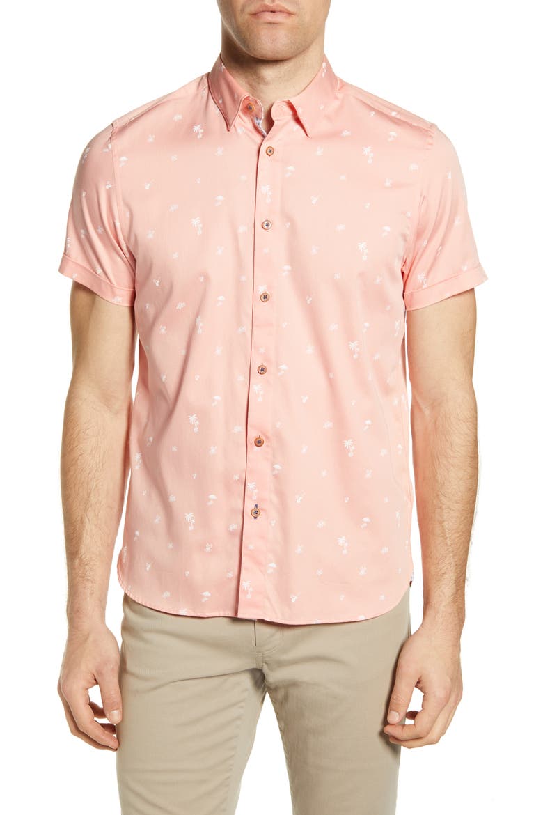 Slim Fit Tropical Print Short Sleeve Button-Up Shirt, Main, color, CORAL