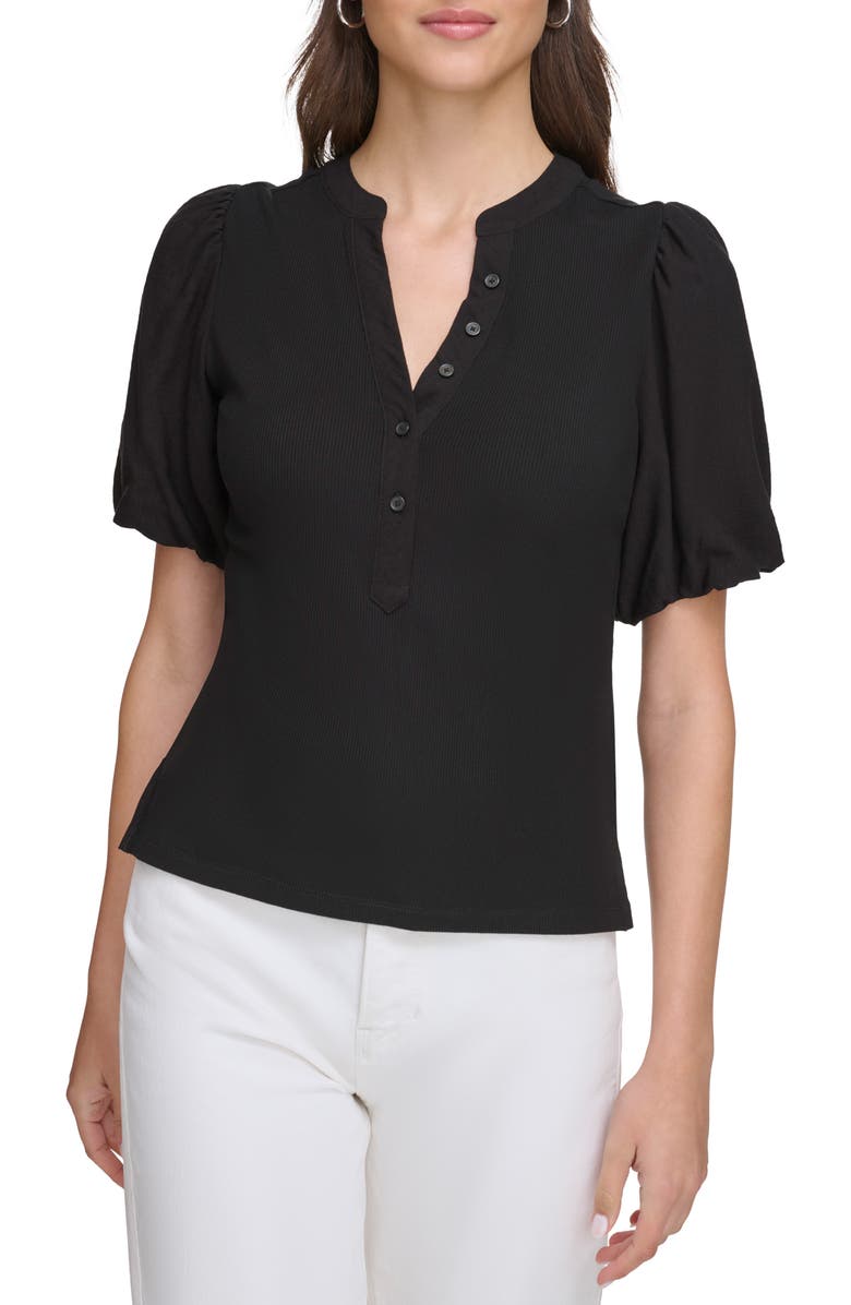 DKNY Rib Crinkle Sleeve Henley Top, Main, color,