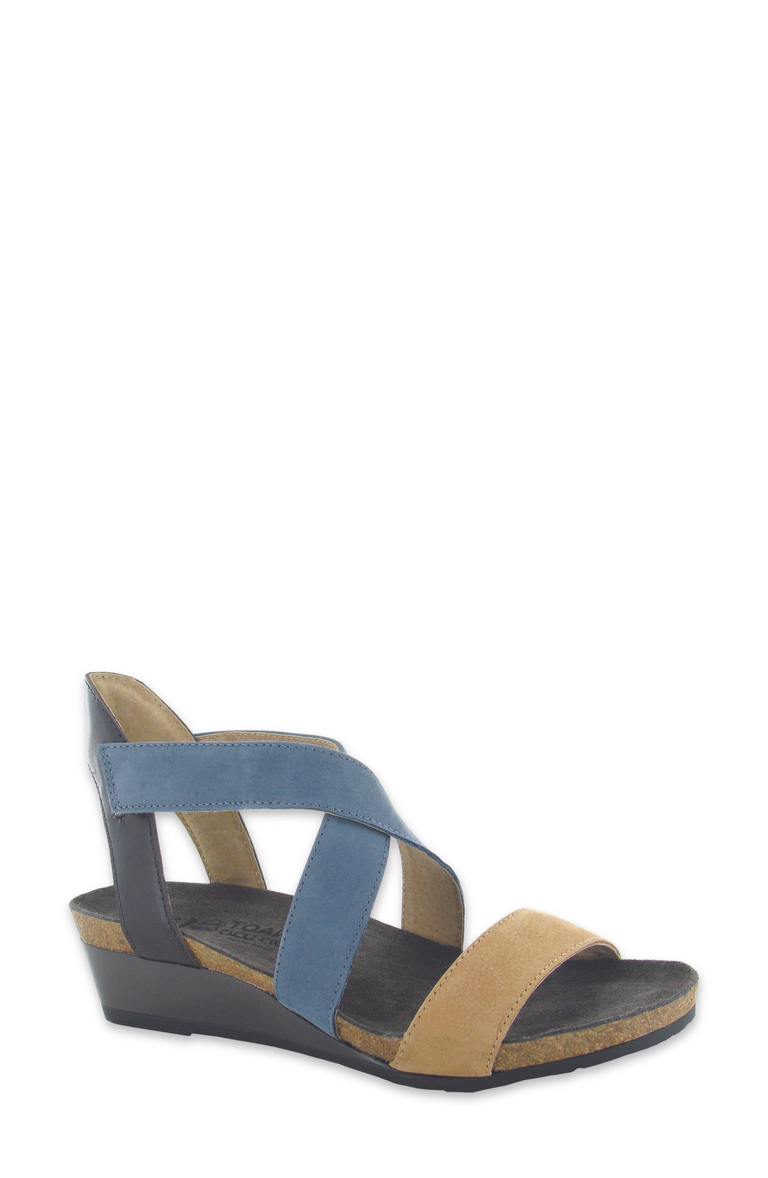 Naot Vixen Wedge Sandal, Main, color, Nude Nubuck Feather Blue