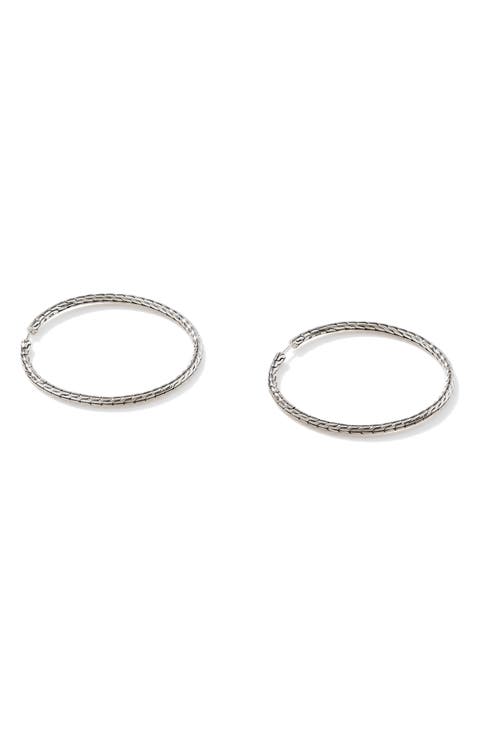 Carved Chain Hoop Earrings, Silver, 50mm