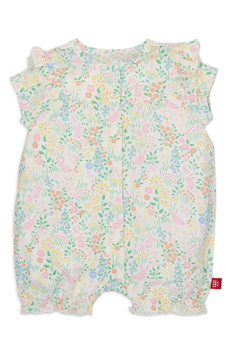 Magnetic Me Hoppy Garden Print Modal Ruffle Shoulder Romper, Main, color, 