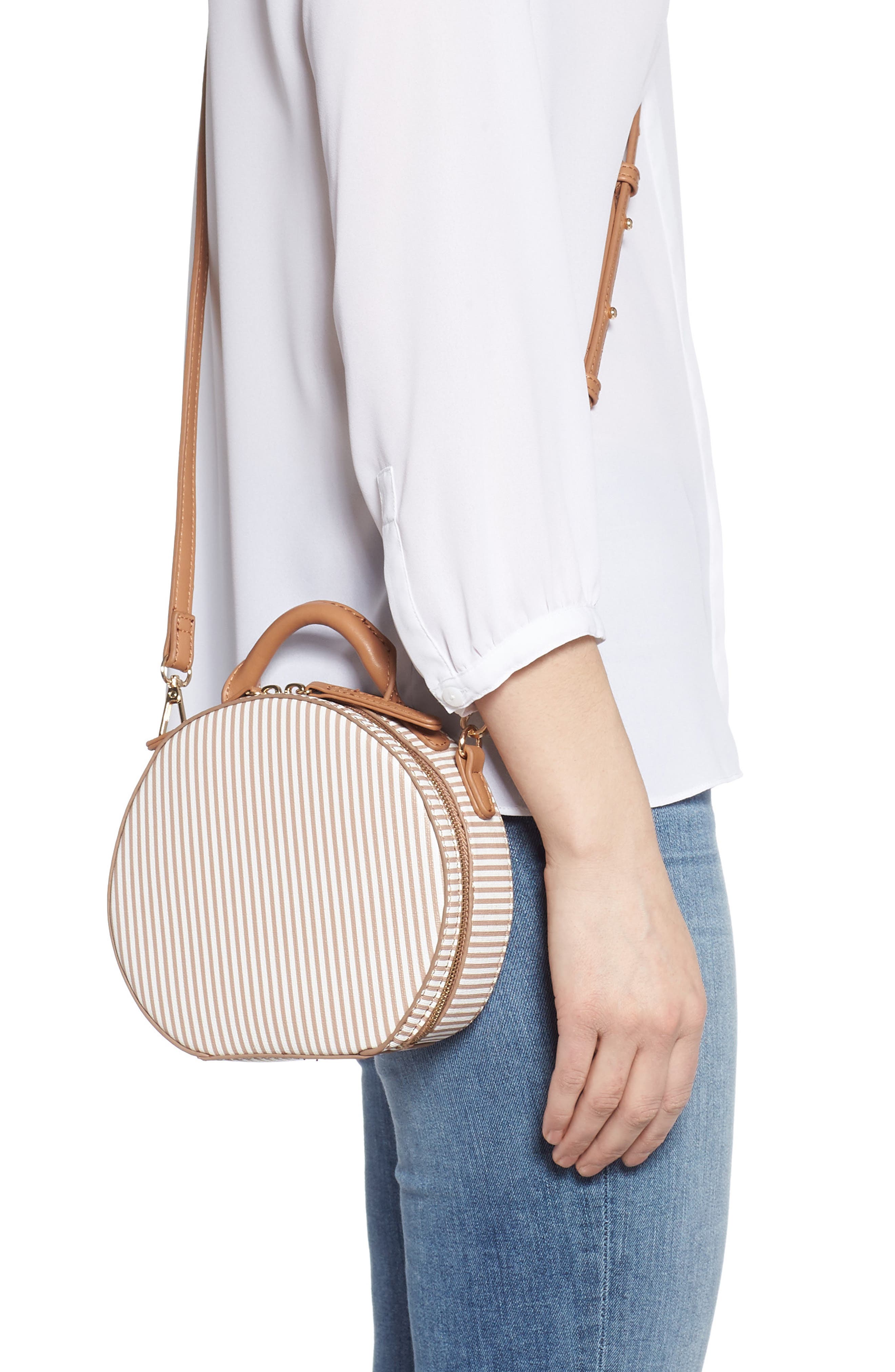 Semi Round Faux Leather Bag, Alternate, color, NUDE/ WHITE