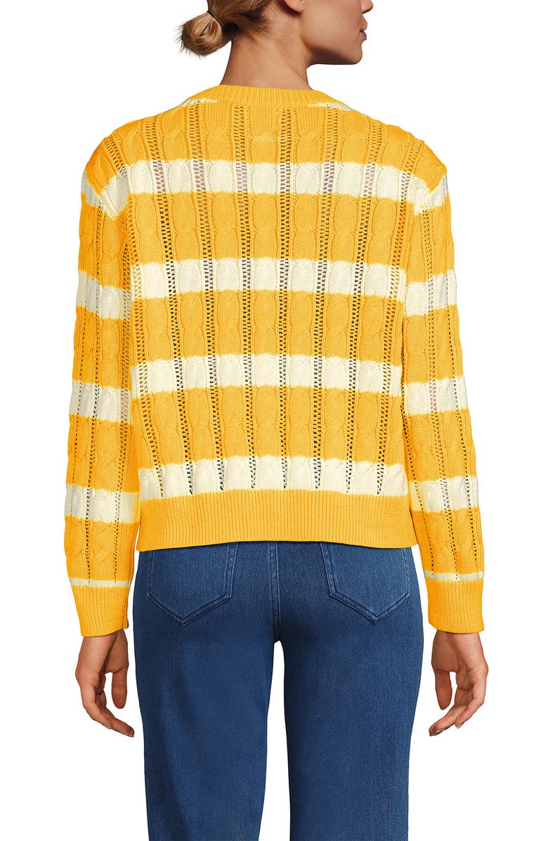 Lands' End Drifter Cable Pointelle Stitch Sweater, Alternate, color, Ivory/Sunkissed Yellow Stripe