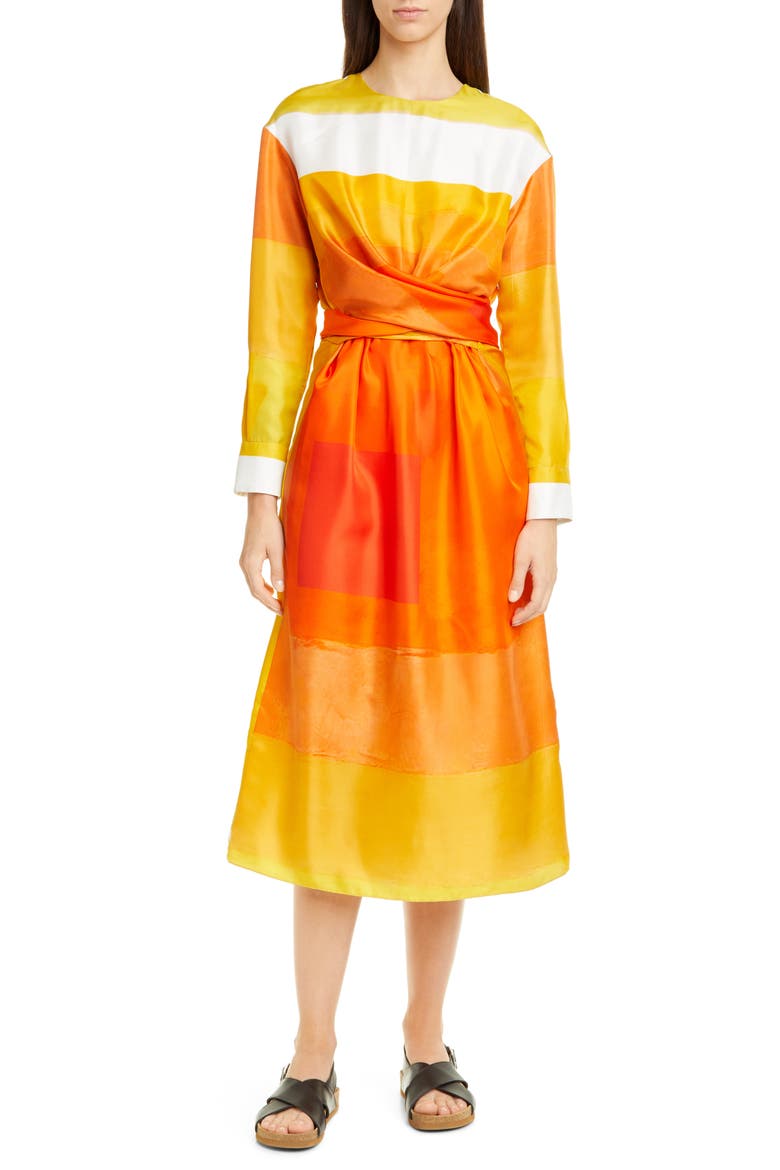 Magnolia Long Sleeve Silk Twill Dress, Main, color, POPPY MULTI
