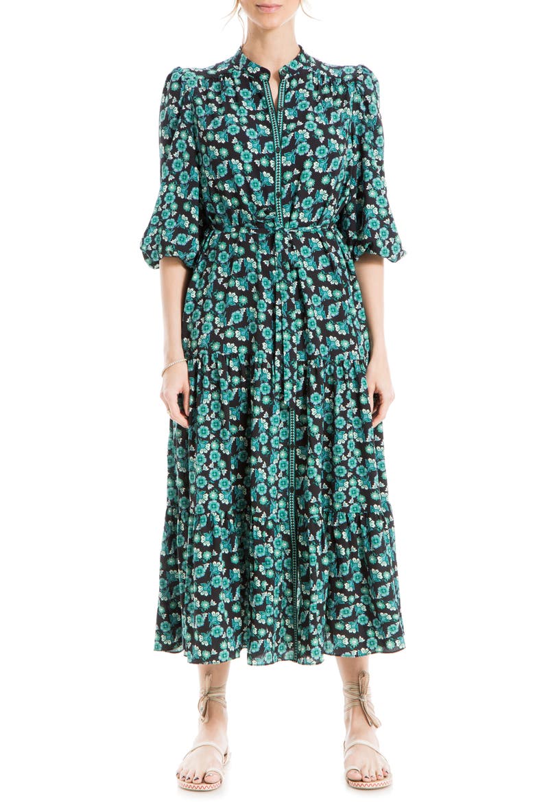 Crepe 3/4 Sleeve Button Front Maxi Dress, Main, color, BLACK/ GREEN PAISLEY FLOURISH