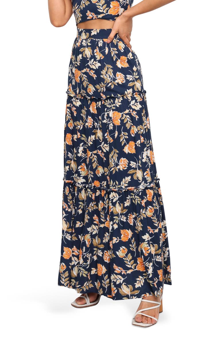 Deaville Floral Tiered Maxi Skirt, Alternate, color, NAVY