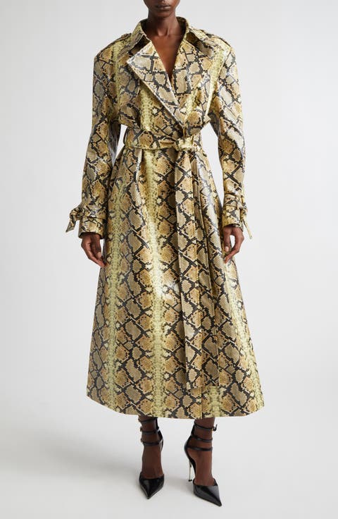 Snakeskin Embossed Faux Leather Trench Coat