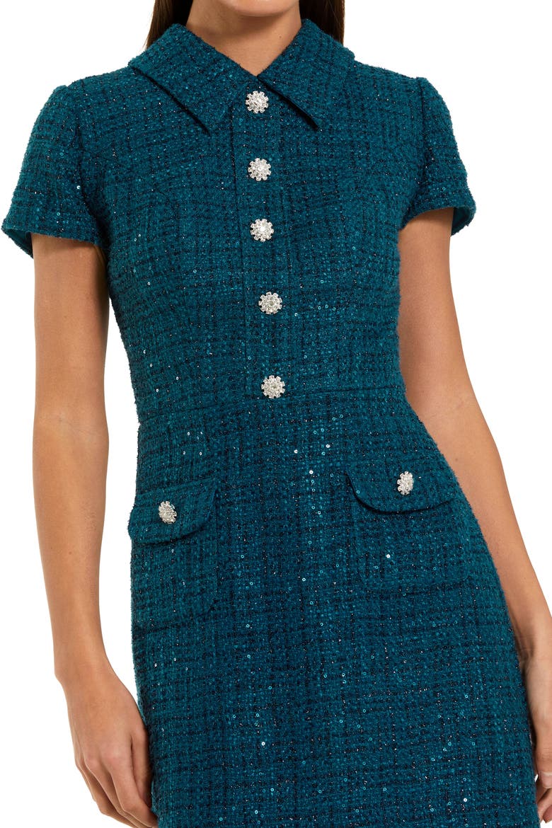 Boucle Collared Button Up Mini Dress, Alternate, color, Teal
