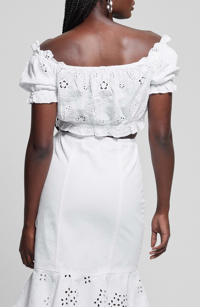 GUESS Frida Eyelet Embroidered Off the Shoulder Crop Top, Alternate, color, 