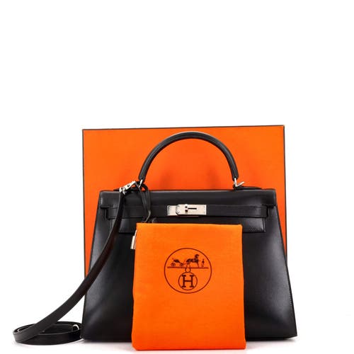Pre-owned Hermes Hermes Kelly Handbag Black Box Calf With Palladium Hardware 32 In Black