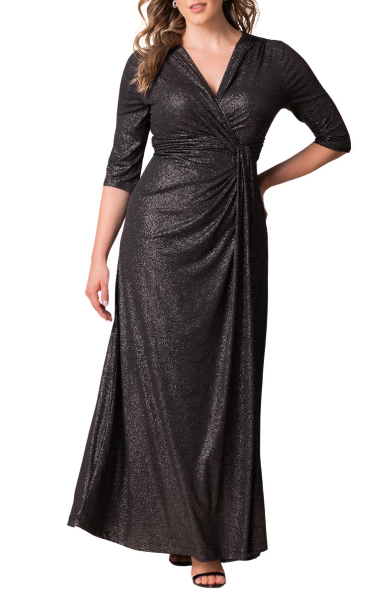Kiyonna Romanced by Moonlight Glitter A-Line Jersey Gown, Main, color, Silver Starlight