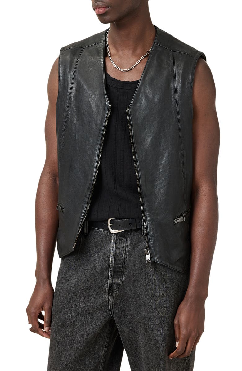 AllSaints Davies Leather Waistcoat, Alternate, color, Black