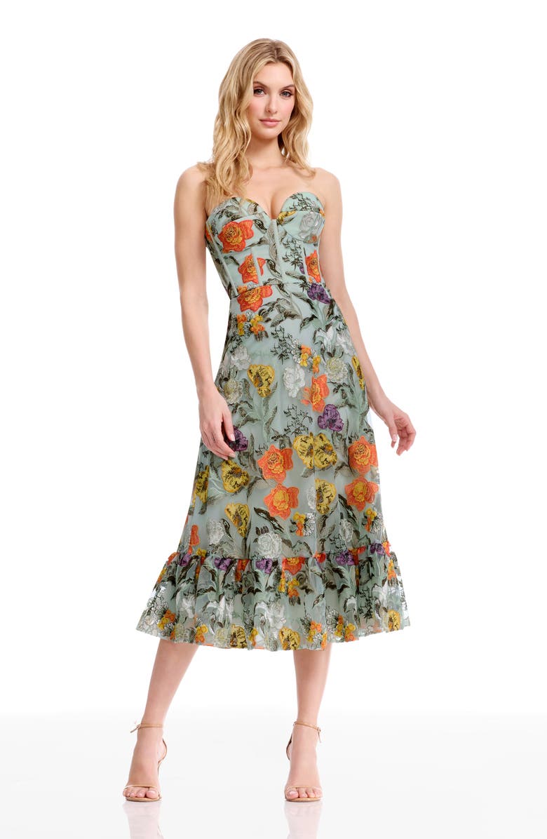 Dress the Population Carina Floral Embroidered Strapless Cocktail Dress, Alternate, color, Sage Multi
