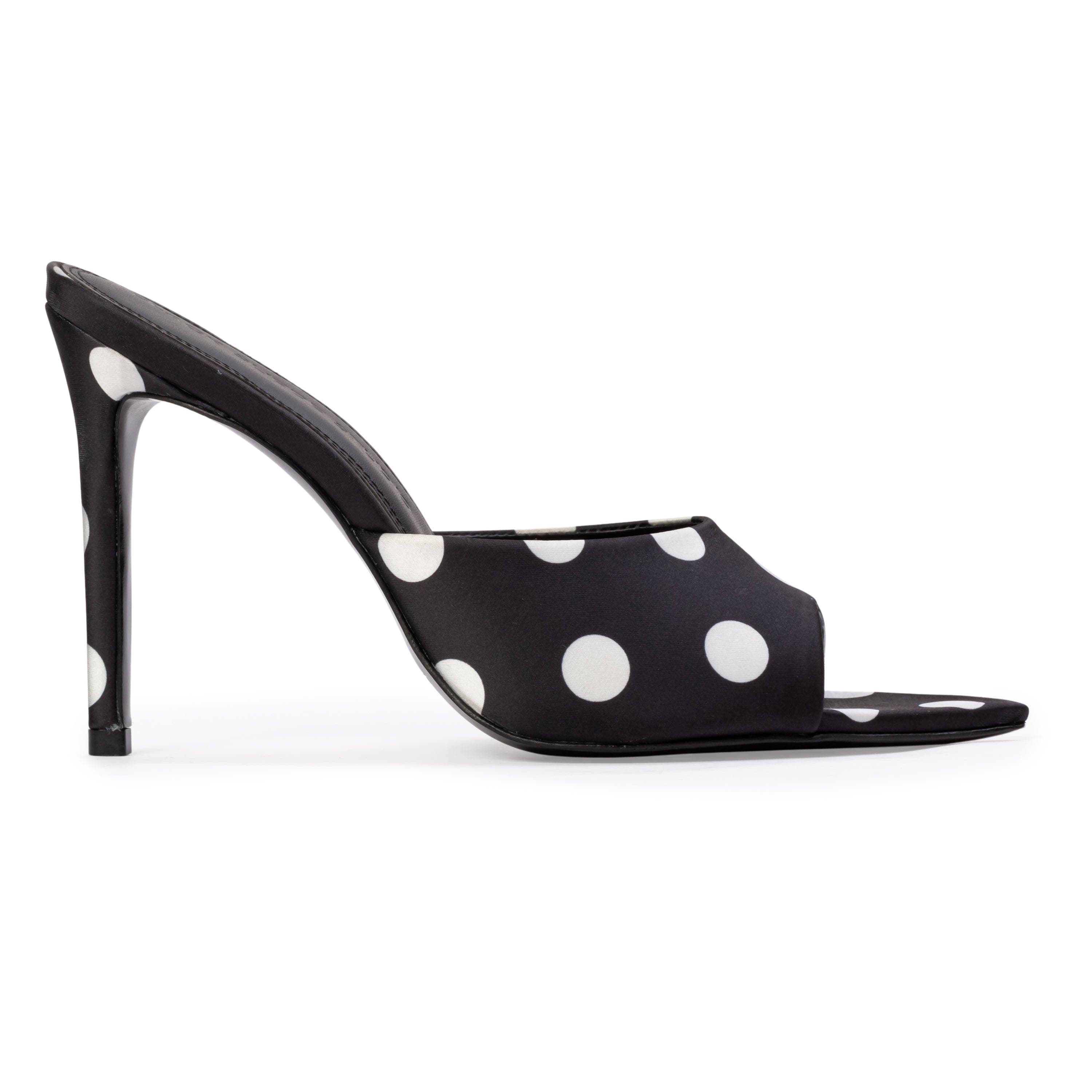BLACK SUEDE STUDIO Bella 100 Mule, Main, color, Black Polka Dot Satin