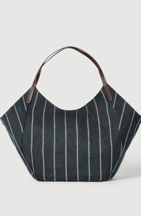 Reversible Duo Shopper In Double Chalk Stripe Cotton And Linen Denim With Monili