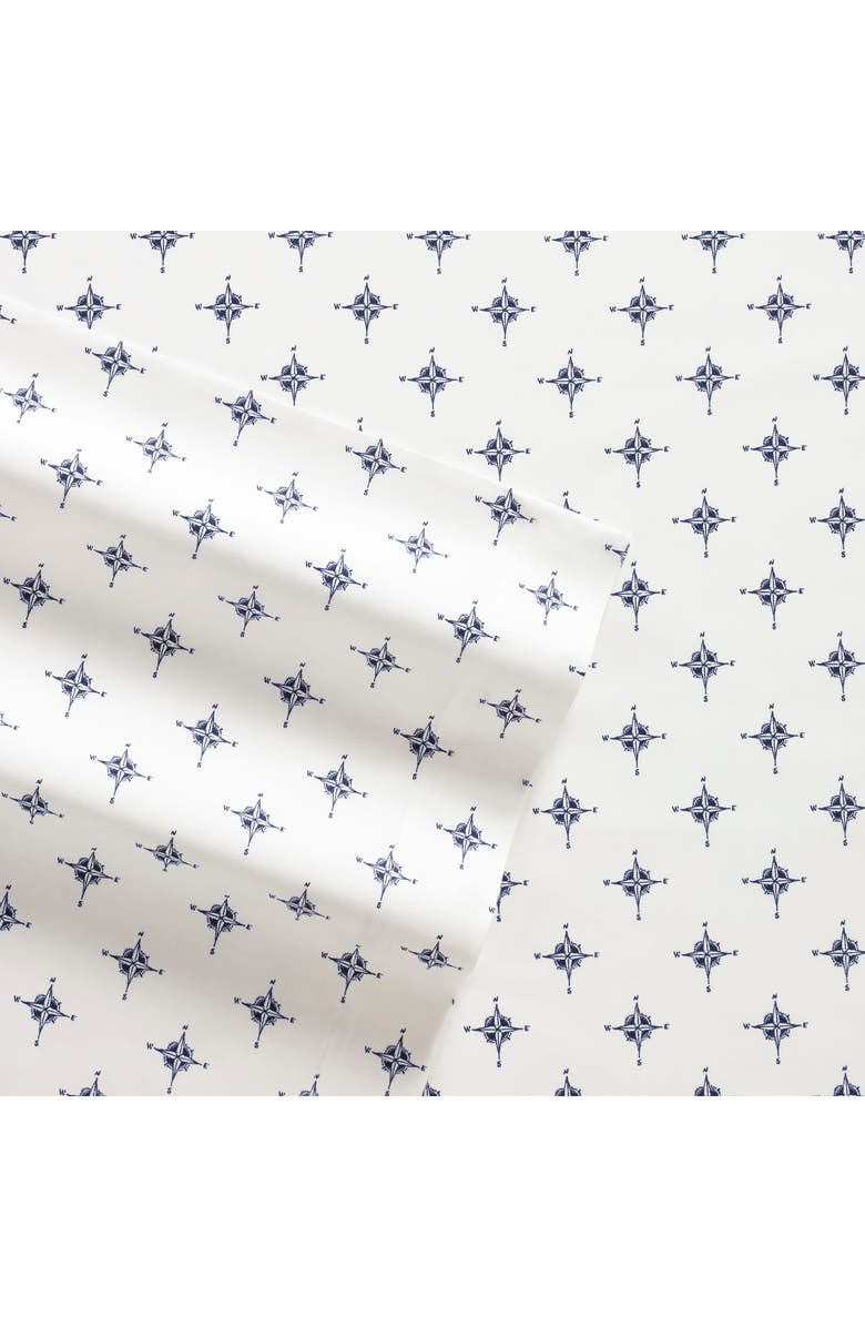 POPPY AND FRITZ Compass Print 200 Thread Count Cotton Percale Sheet Set, Alternate, color, Navy