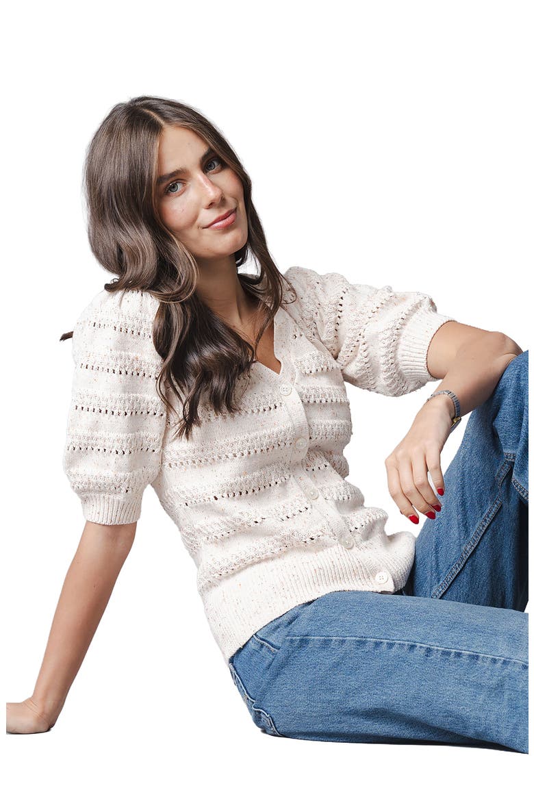 Organic Puff Sleeve Button Front Sweater, Alternate, color, Ivory Multi Fleck