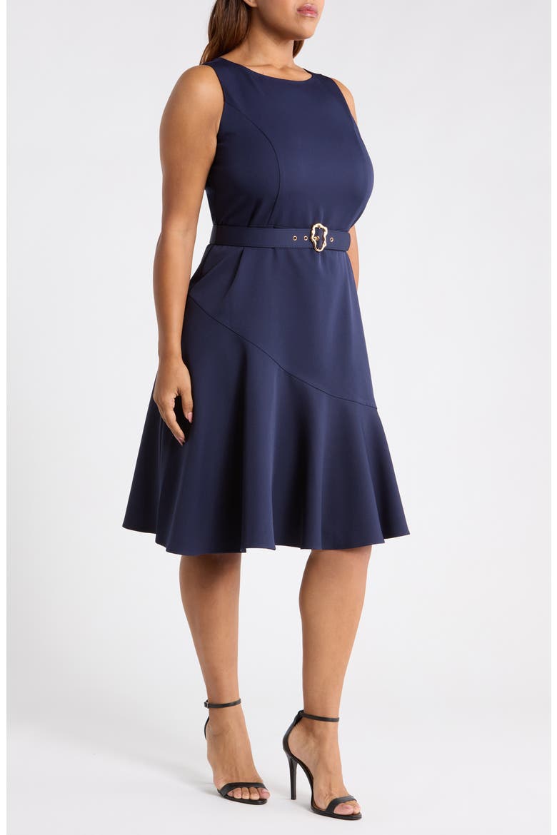 Belted Ruffle Hem Crepe Dress, Alternate, color, NAVY