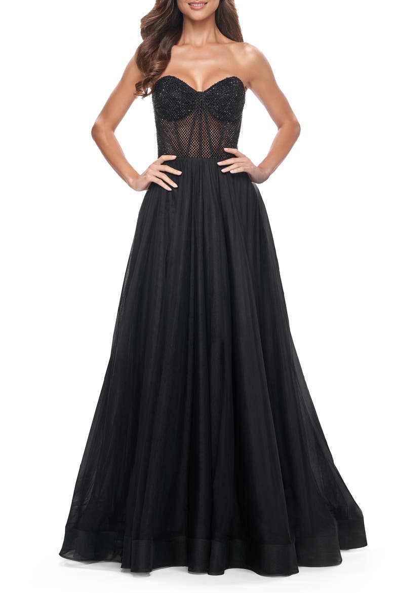 A-Line Tulle Prom Dress with Rhinestone Fishnet Bodice, Alternate, color, Black
