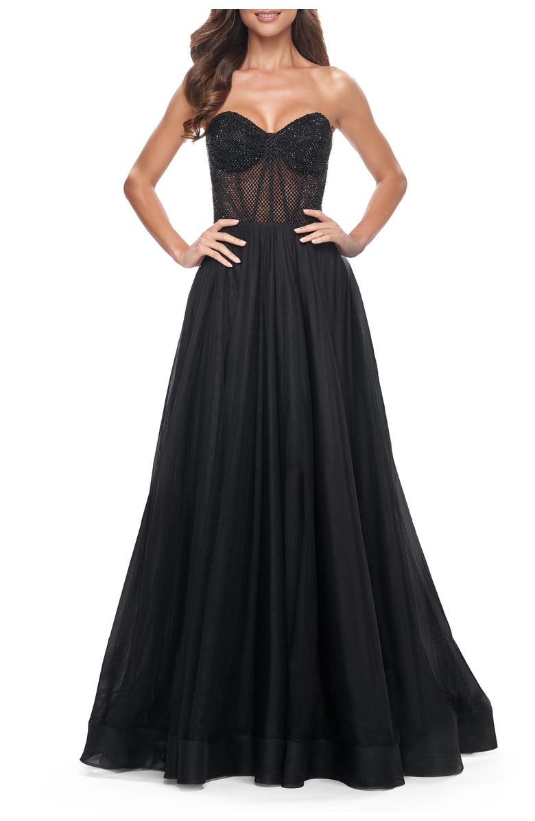 La Femme A-Line Tulle Prom Dress with Rhinestone Fishnet Bodice, Alternate, color, Black