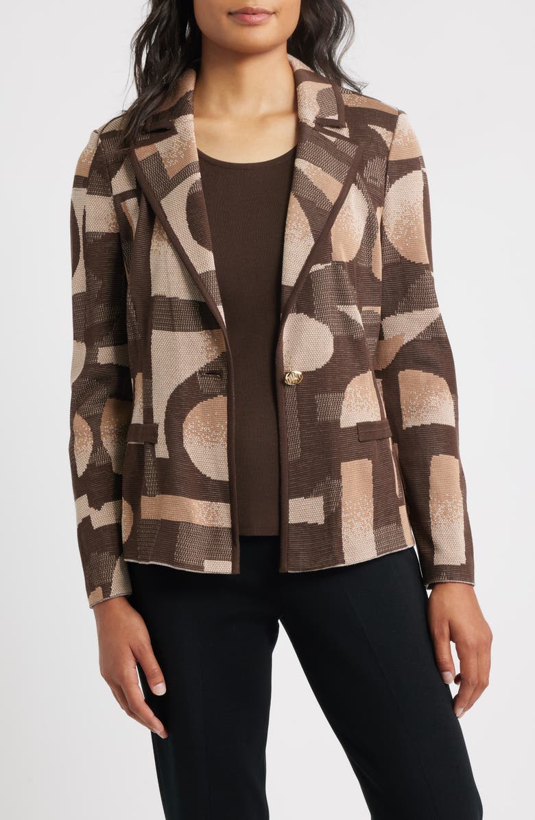 Ming Wang Geometric Jacquard Knit Blazer, Main, color, Warm Taupe/ Dark Umber/ Ivory